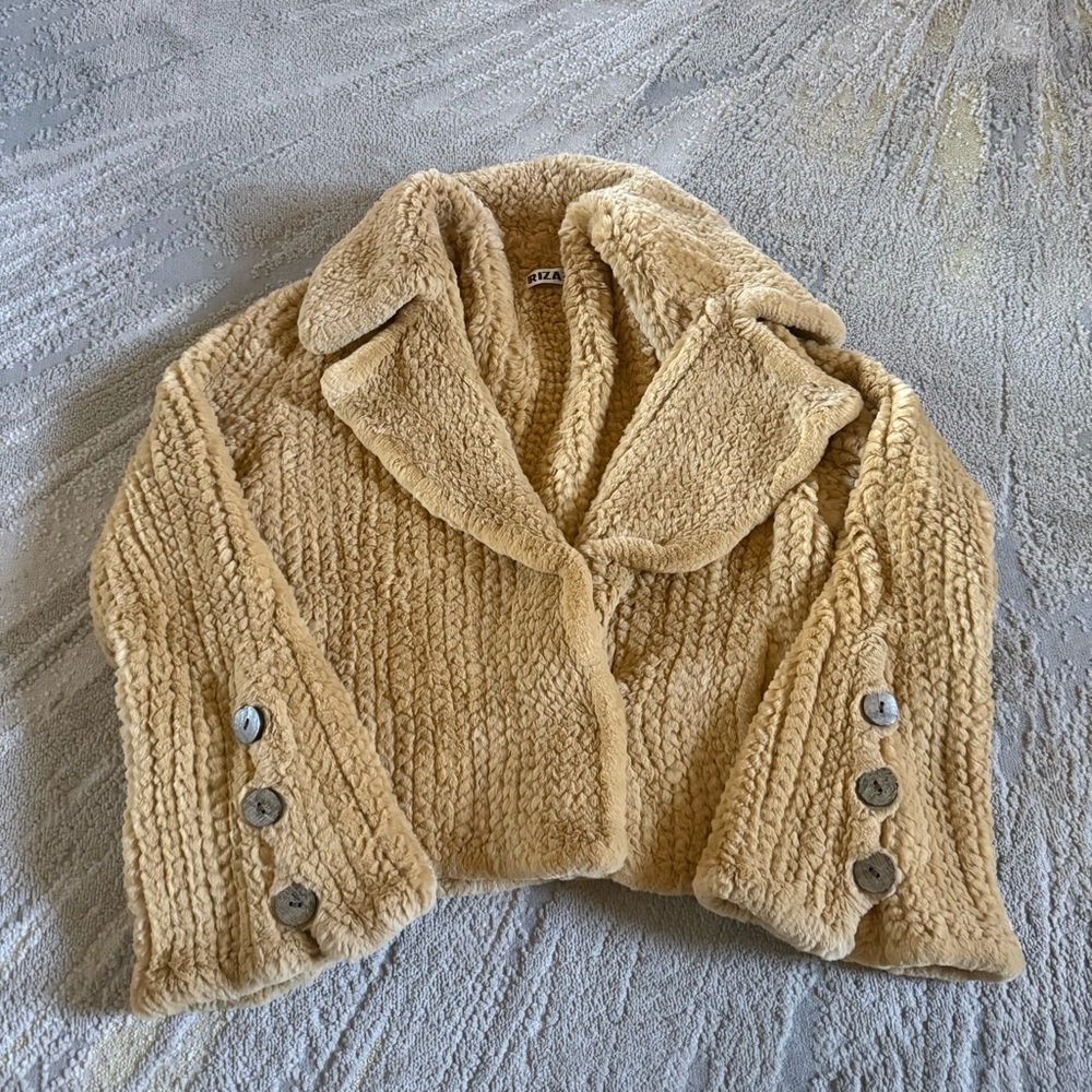 Rizal rabbit fur jacket coat with collar flare bell sleeves tan brown medium